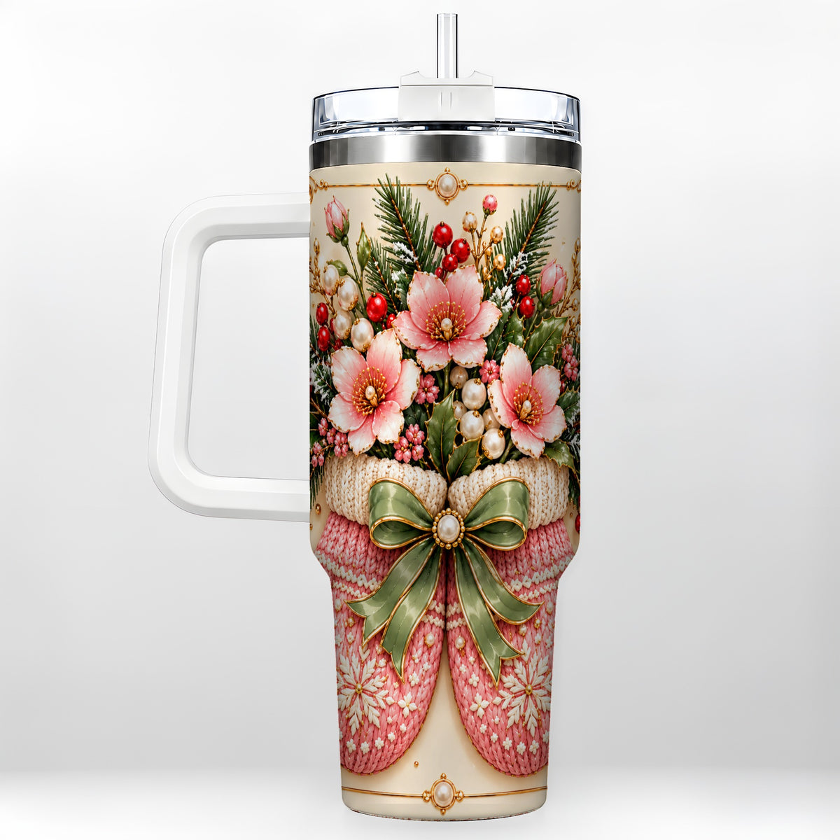 Pink Christmas Mittens 40oz Tumbler with Handle, Floral Travel Cup