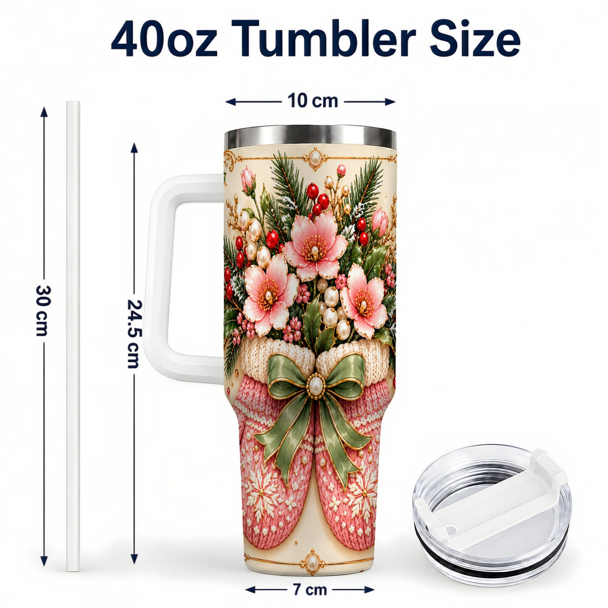 #pl[40oz|White] Pink Christmas Mittens 40oz Tumbler with Handle, Floral Travel Cup