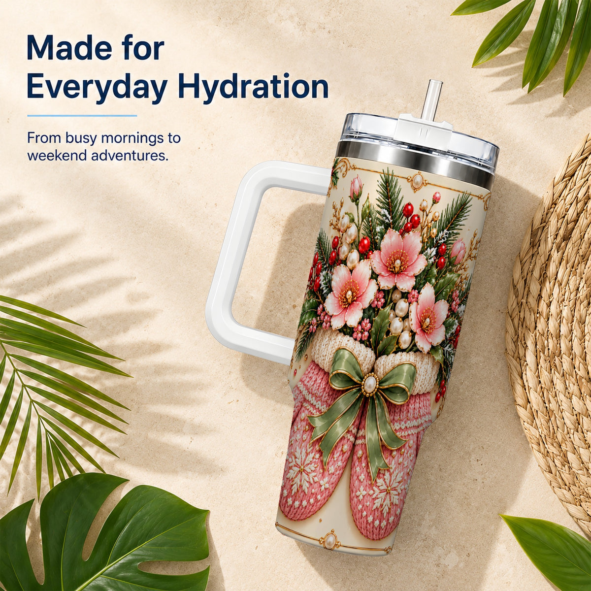 Pink Christmas Mittens 40oz Tumbler with Handle, Floral Travel Cup