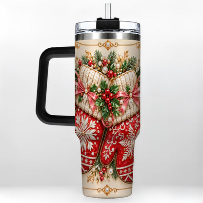 #pl[40oz|Black] Red Christmas Mittens 40oz Tumbler with Handle, Snowflake Travel Cup