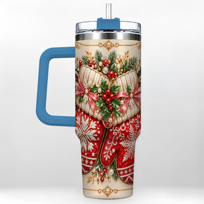 #pl[40oz|Blue] Red Christmas Mittens 40oz Tumbler with Handle, Snowflake Travel Cup