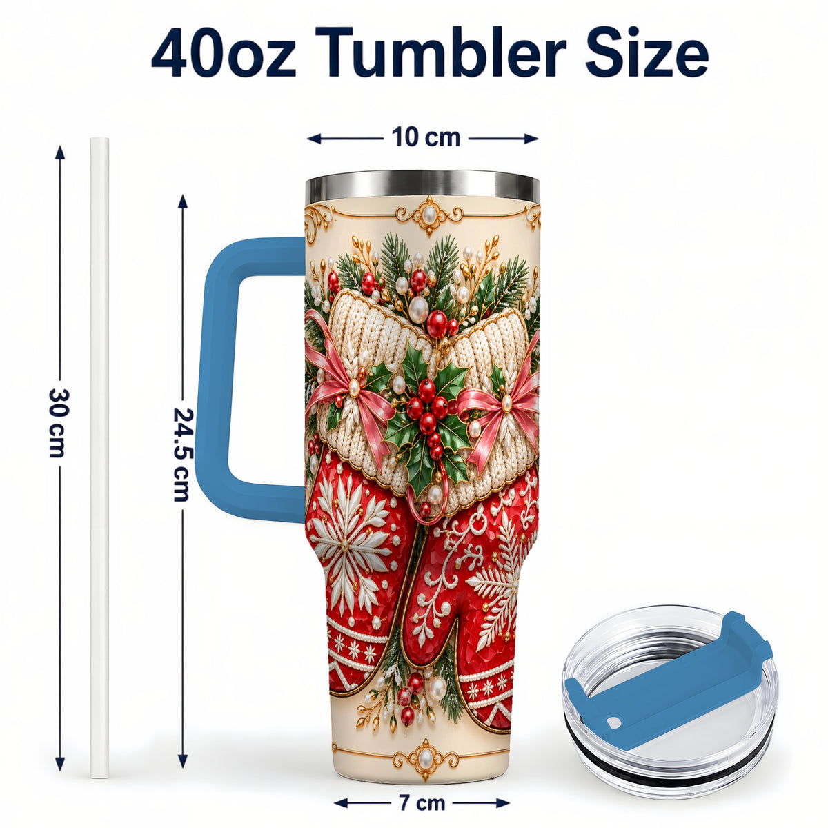 #pl[40oz|Blue] Red Christmas Mittens 40oz Tumbler with Handle, Snowflake Travel Cup