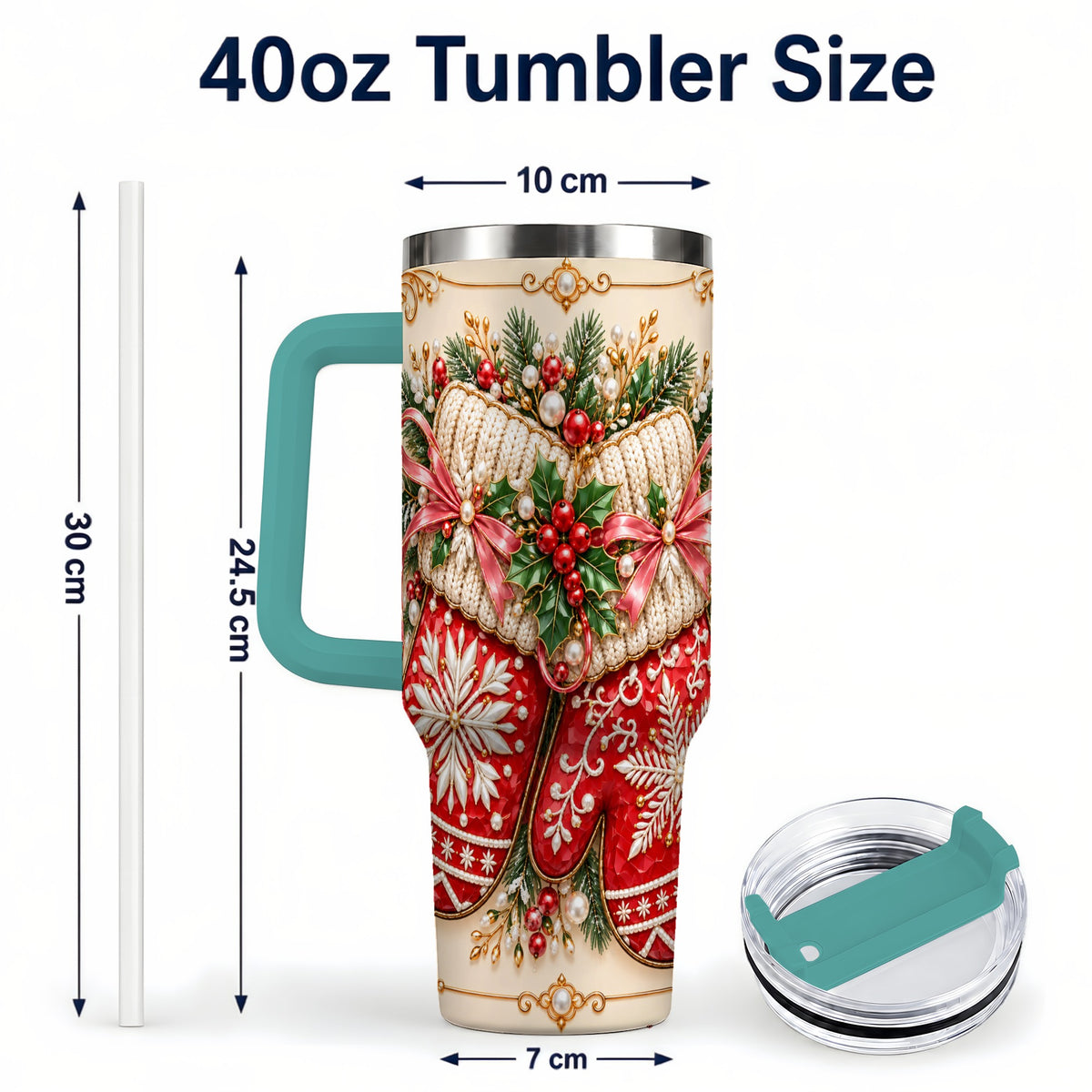 #pl[40oz|Green] Red Christmas Mittens 40oz Tumbler with Handle, Snowflake Travel Cup