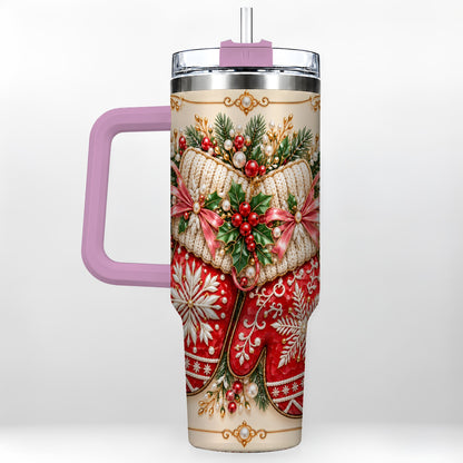 #pl[40oz|Pink] Red Christmas Mittens 40oz Tumbler with Handle, Snowflake Travel Cup