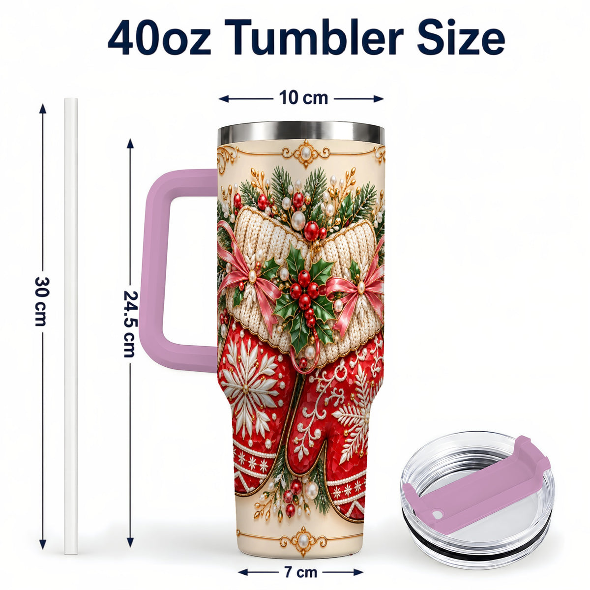 #pl[40oz|Pink] Red Christmas Mittens 40oz Tumbler with Handle, Snowflake Travel Cup