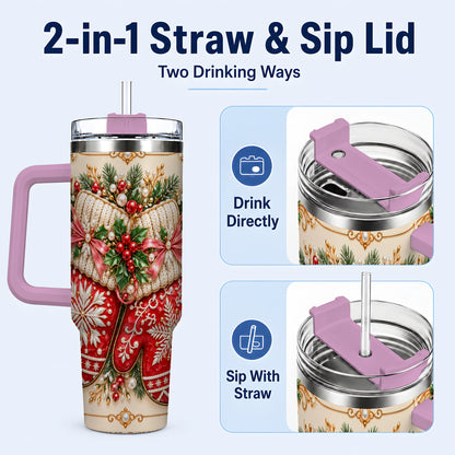 #pl[40oz|Pink] Red Christmas Mittens 40oz Tumbler with Handle, Snowflake Travel Cup