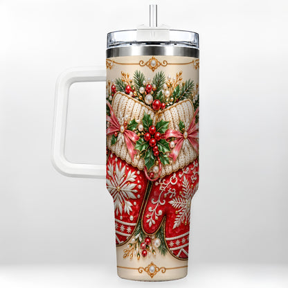Red Christmas Mittens 40oz Tumbler with Handle, Snowflake Travel Cup