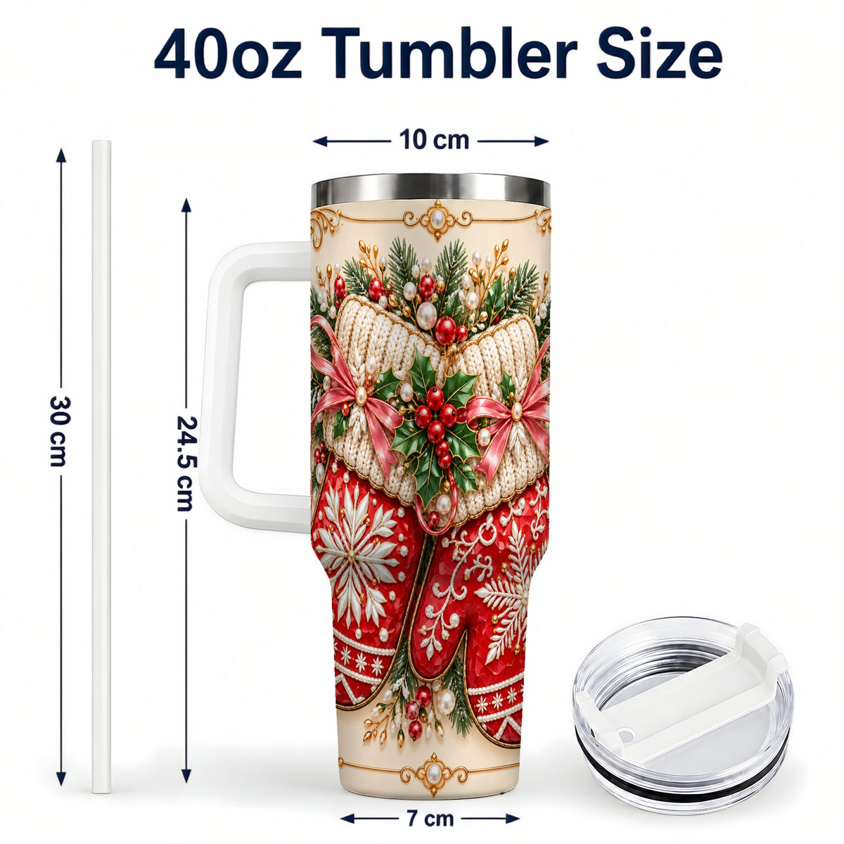 #pl[40oz|White] Red Christmas Mittens 40oz Tumbler with Handle, Snowflake Travel Cup