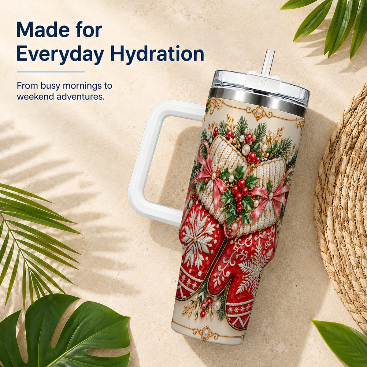 Red Christmas Mittens 40oz Tumbler with Handle, Snowflake Travel Cup