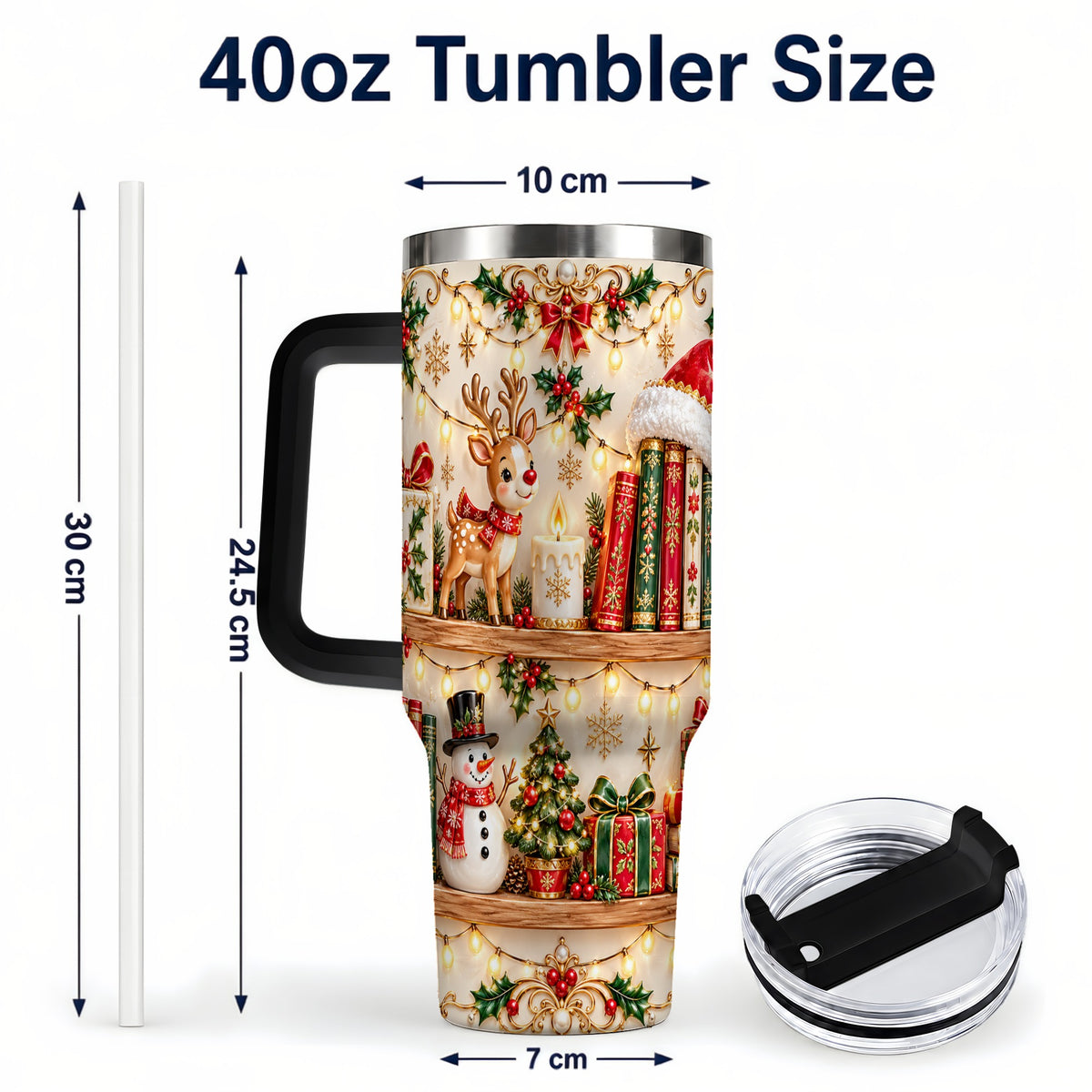 #pl[40oz|Black] Holiday Bookshelf 40oz Tumbler, Reading Tumbler, Stainless Steel Travel Cup