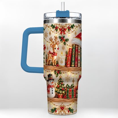 #pl[40oz|Blue] Holiday Bookshelf 40oz Tumbler, Reading Tumbler, Stainless Steel Travel Cup