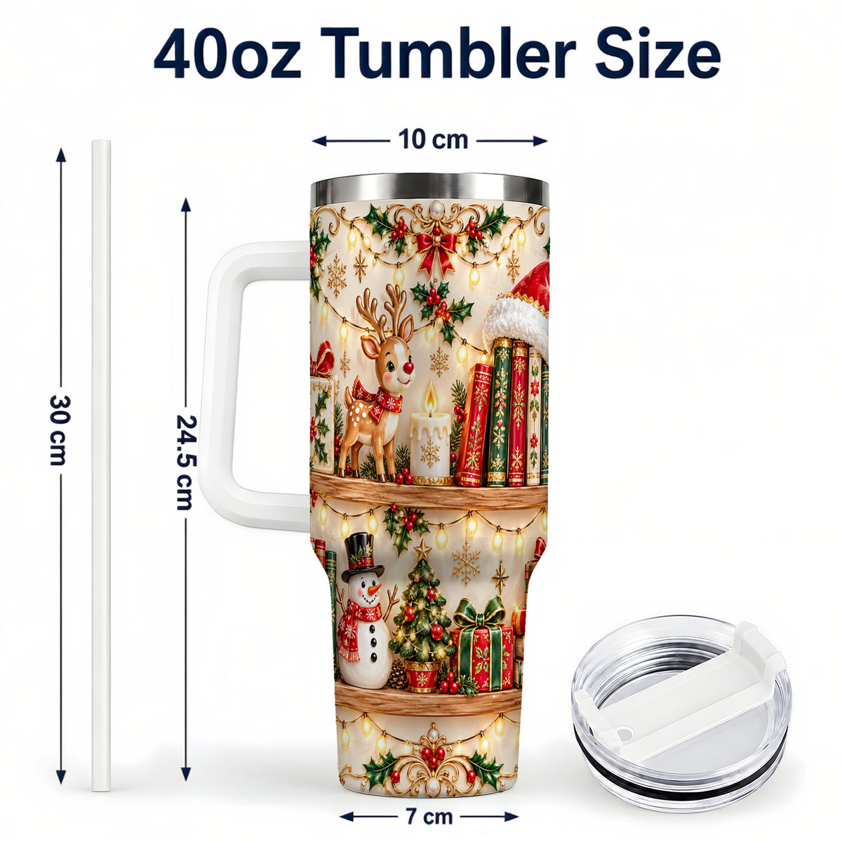 #pl[40oz|White] Holiday Bookshelf 40oz Tumbler, Reading Tumbler, Stainless Steel Travel Cup