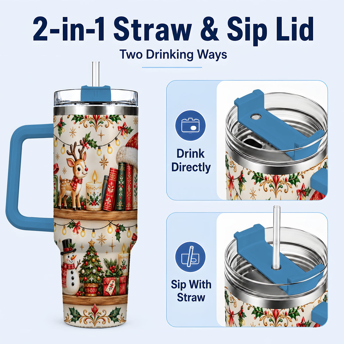 #pl[40oz|Blue] Christmas Books 40oz Tumbler, Winter Tumbler, Stainless Steel Travel Cup