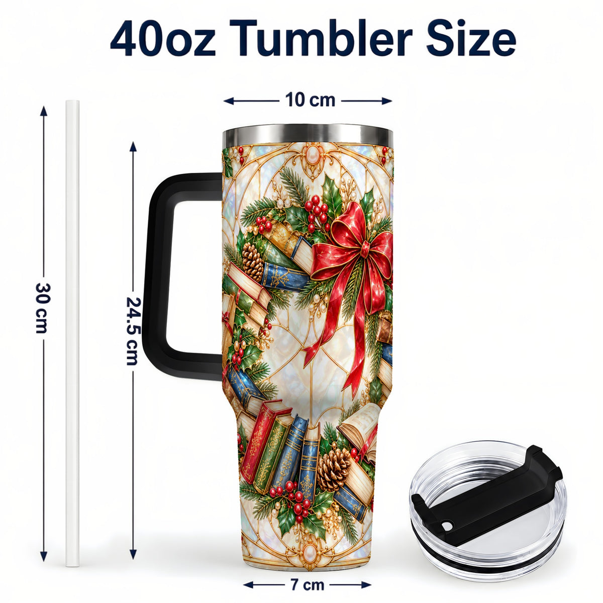 #pl[40oz|Black] Christmas Wreath 40oz Tumbler, Reader Tumbler, Stainless Steel Travel Cup