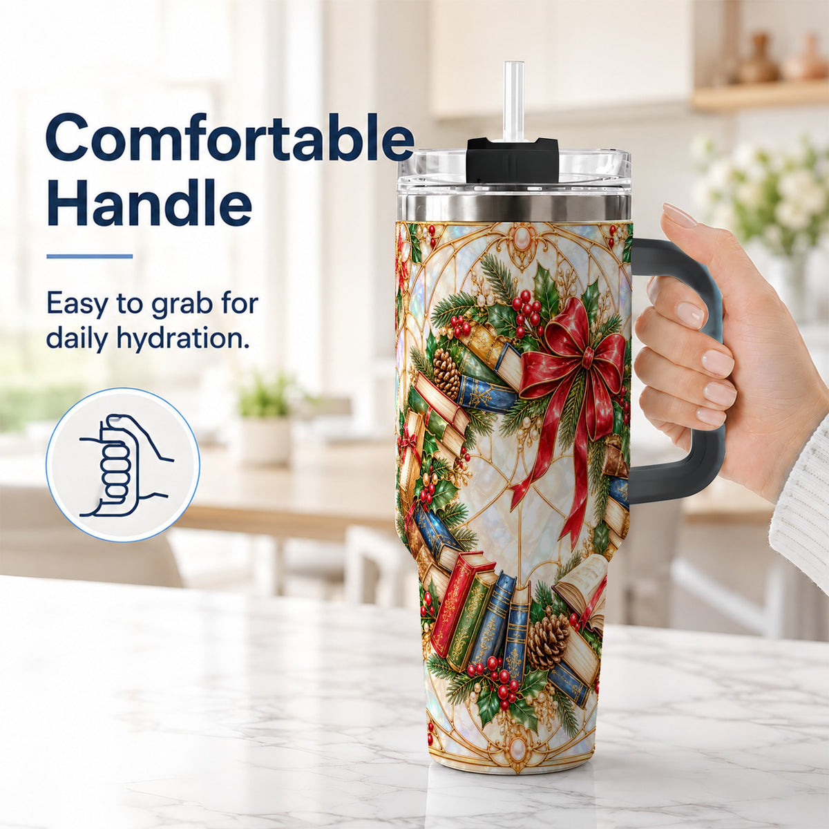 #pl[40oz|Black] Christmas Wreath 40oz Tumbler, Reader Tumbler, Stainless Steel Travel Cup