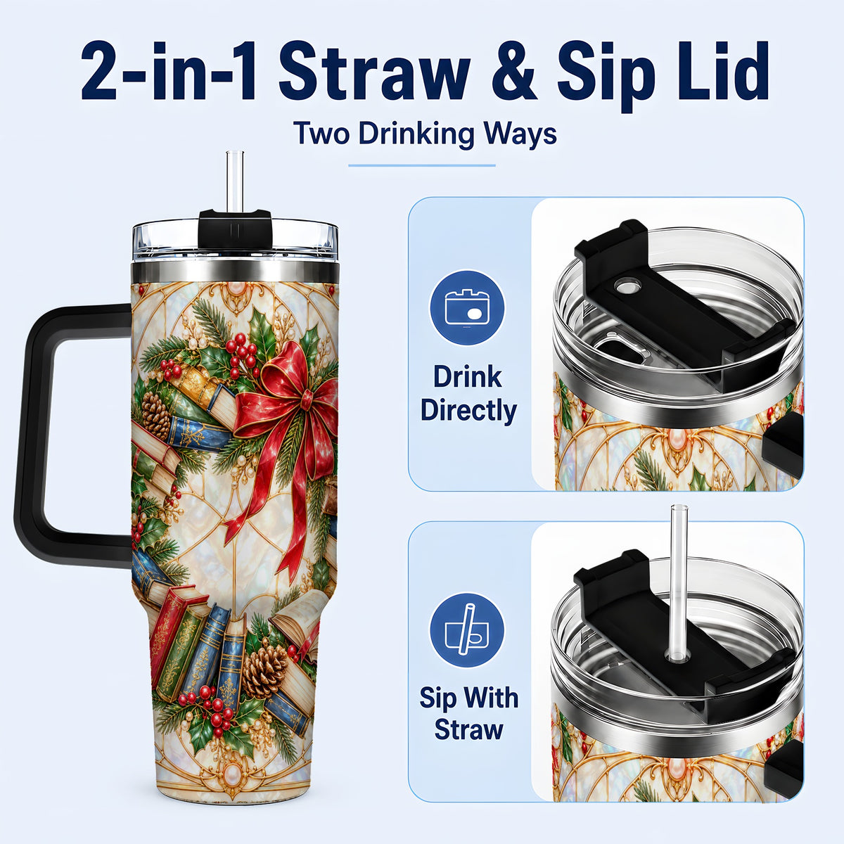 #pl[40oz|Black] Christmas Wreath 40oz Tumbler, Reader Tumbler, Stainless Steel Travel Cup