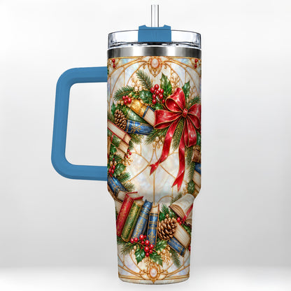 #pl[40oz|Blue] Christmas Wreath 40oz Tumbler, Reader Tumbler, Stainless Steel Travel Cup