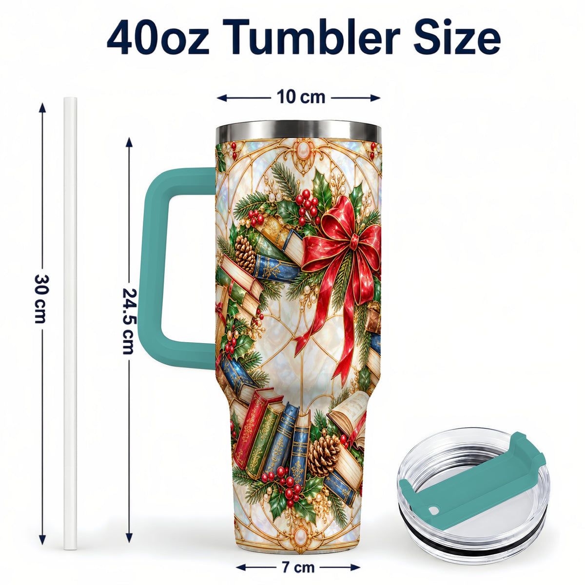 #pl[40oz|Green] Christmas Wreath 40oz Tumbler, Reader Tumbler, Stainless Steel Travel Cup