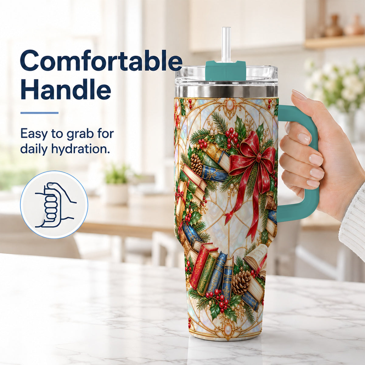#pl[40oz|Green] Christmas Wreath 40oz Tumbler, Reader Tumbler, Stainless Steel Travel Cup