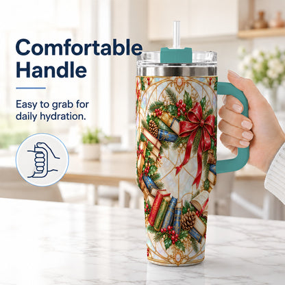 #pl[40oz|Green] Christmas Wreath 40oz Tumbler, Reader Tumbler, Stainless Steel Travel Cup