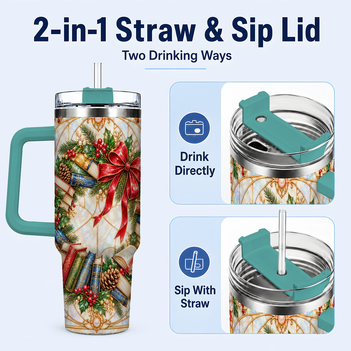 #pl[40oz|Green] Christmas Wreath 40oz Tumbler, Reader Tumbler, Stainless Steel Travel Cup