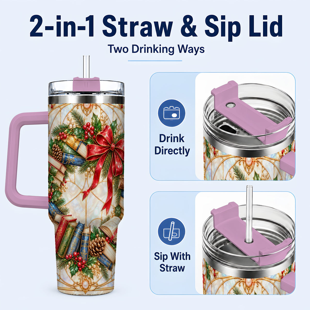 #pl[40oz|Pink] Christmas Wreath 40oz Tumbler, Reader Tumbler, Stainless Steel Travel Cup