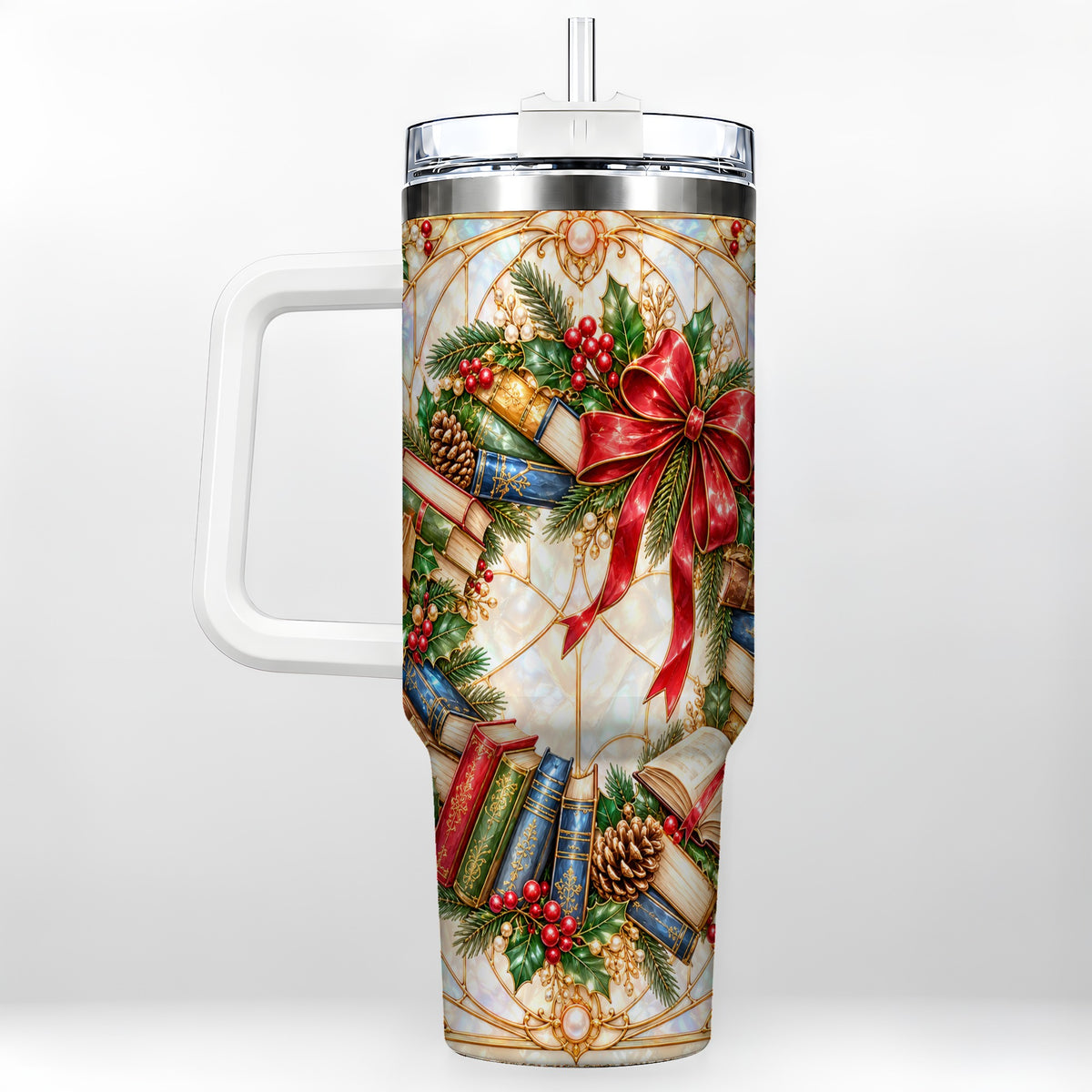 Christmas Wreath 40oz Tumbler, Reader Tumbler, Stainless Steel Travel Cup
