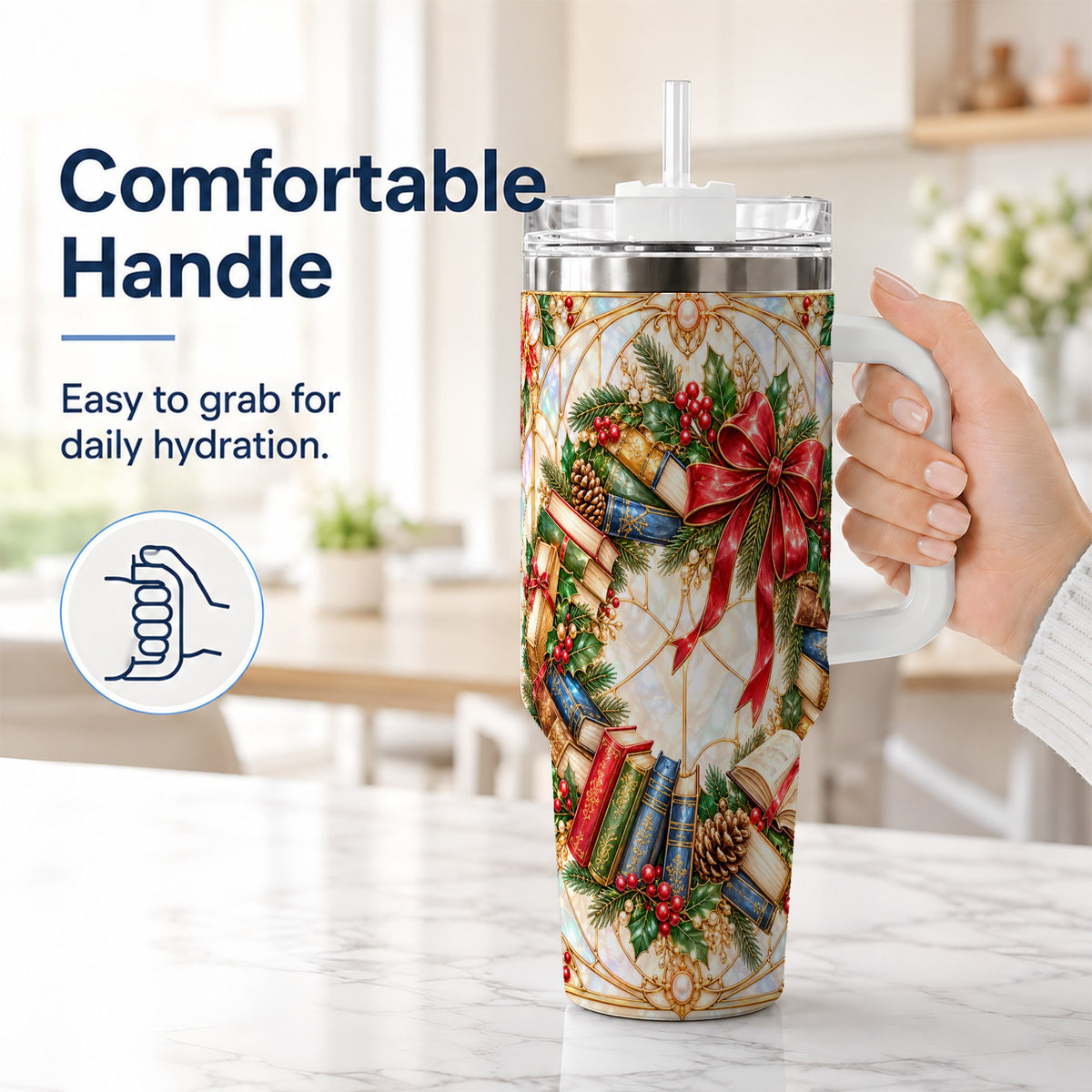 #pl[40oz|White] Christmas Wreath 40oz Tumbler, Reader Tumbler, Stainless Steel Travel Cup