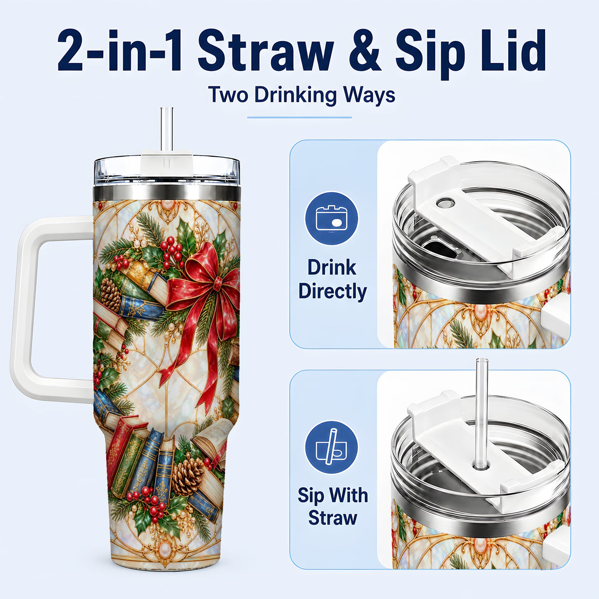 #pl[40oz|White] Christmas Wreath 40oz Tumbler, Reader Tumbler, Stainless Steel Travel Cup