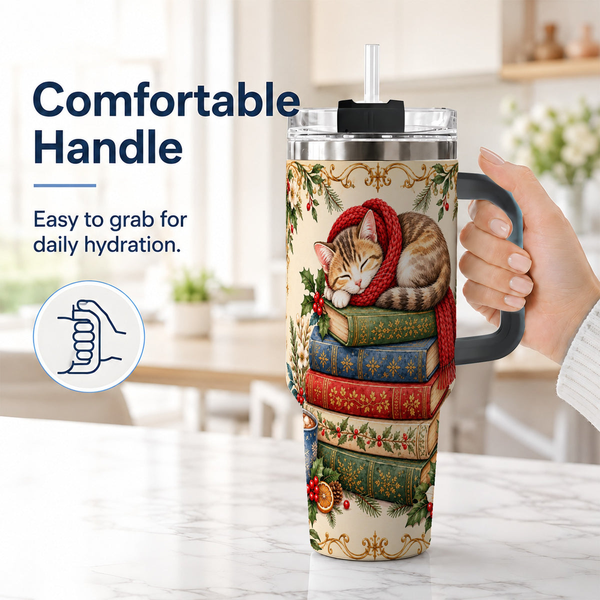 #pl[40oz|Black] Christmas Cat Books 40oz Tumbler, Cozy Tumbler, Stainless Steel Travel Cup
