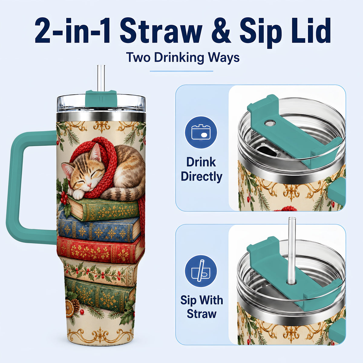 #pl[40oz|Green] Christmas Cat Books 40oz Tumbler, Cozy Tumbler, Stainless Steel Travel Cup