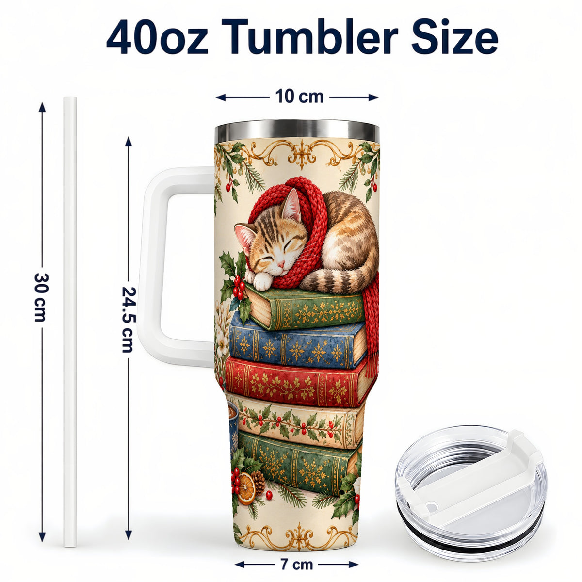 #pl[40oz|White] Christmas Cat Books 40oz Tumbler, Cozy Tumbler, Stainless Steel Travel Cup