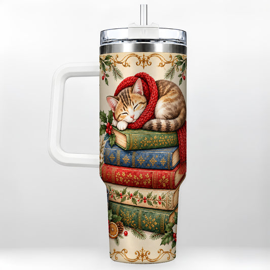 Christmas Cat Books 40oz Tumbler, Cozy Tumbler, Stainless Steel Travel Cup