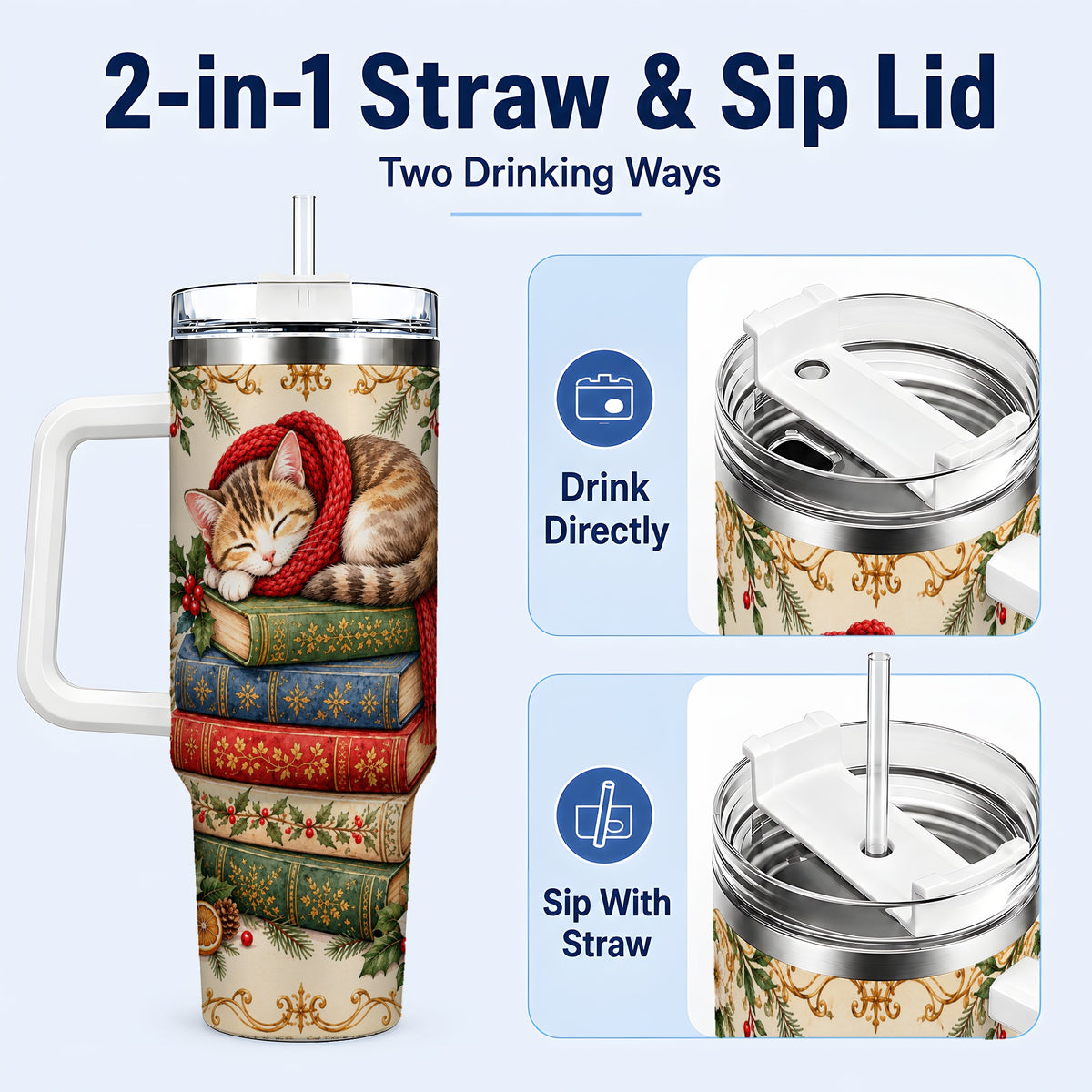 #pl[40oz|White] Christmas Cat Books 40oz Tumbler, Cozy Tumbler, Stainless Steel Travel Cup