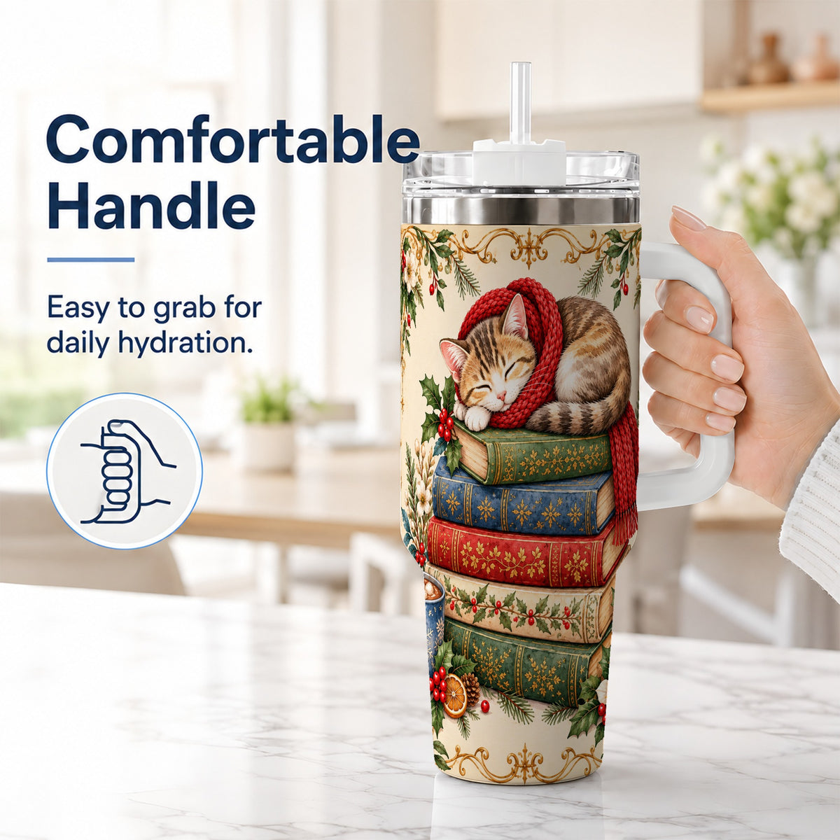 #pl[40oz|White] Christmas Cat Books 40oz Tumbler, Cozy Tumbler, Stainless Steel Travel Cup