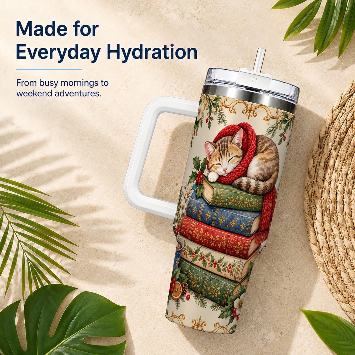 Christmas Cat Books 40oz Tumbler, Cozy Tumbler, Stainless Steel Travel Cup