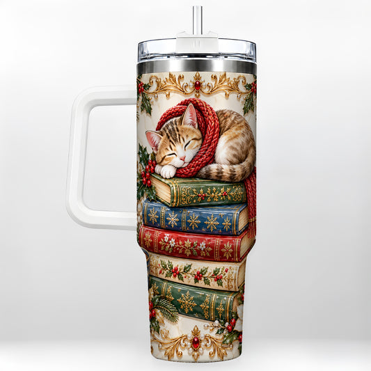 Cozy Christmas Cat 40oz Tumbler, Reader Tumbler, Stainless Steel Travel Cup
