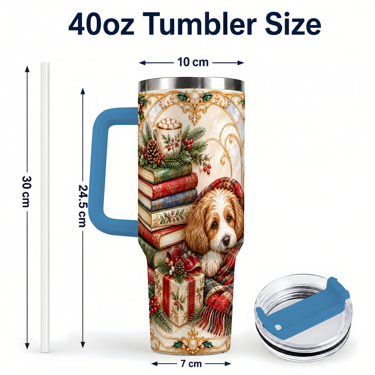 #pl[40oz|Blue] Christmas Dog Books 40oz Tumbler, Cozy Tumbler, Stainless Steel Travel Cup