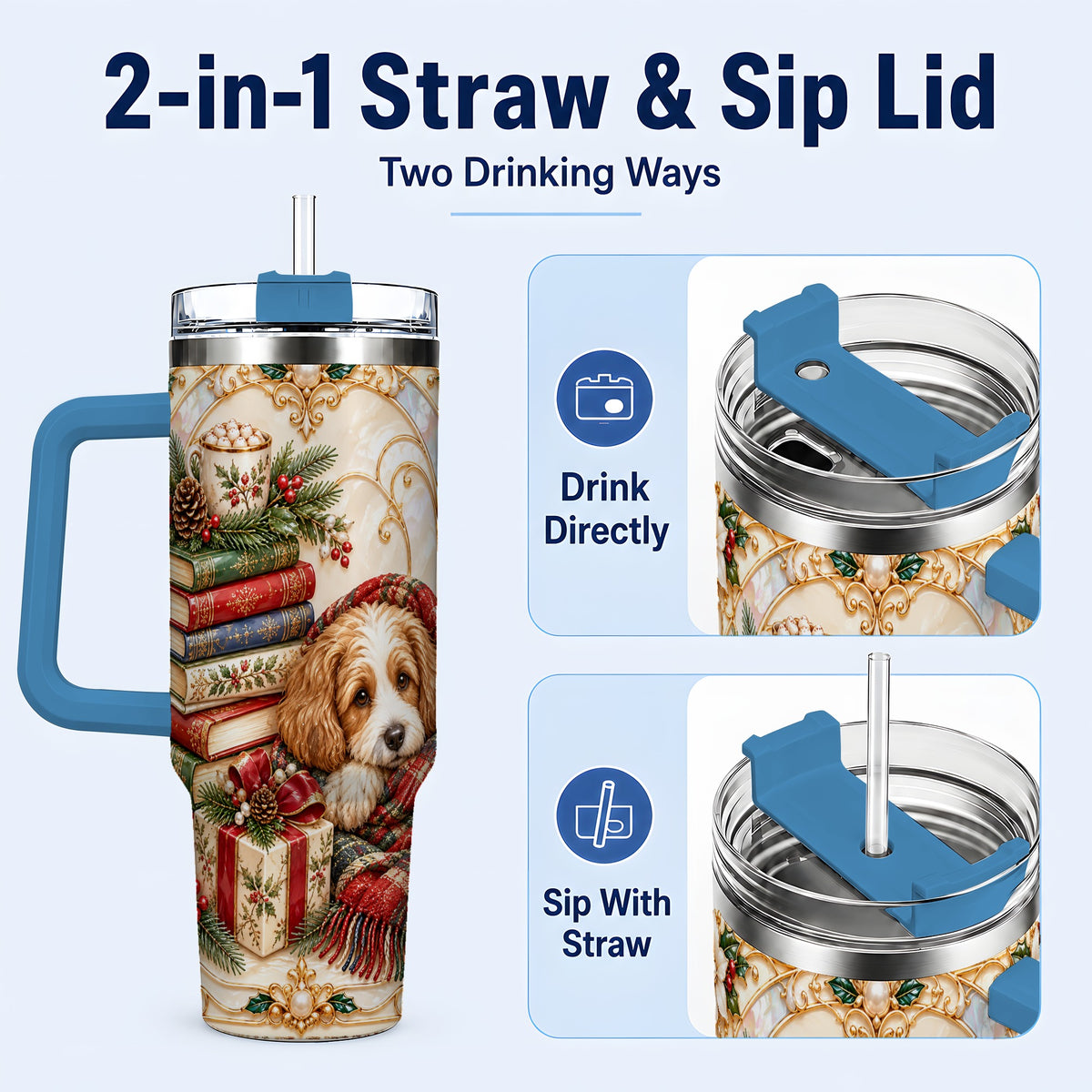 #pl[40oz|Blue] Christmas Dog Books 40oz Tumbler, Cozy Tumbler, Stainless Steel Travel Cup