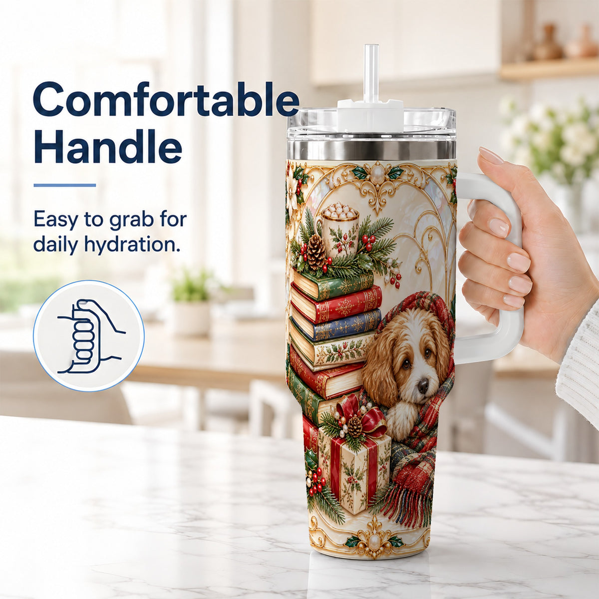 #pl[40oz|White] Christmas Dog Books 40oz Tumbler, Cozy Tumbler, Stainless Steel Travel Cup
