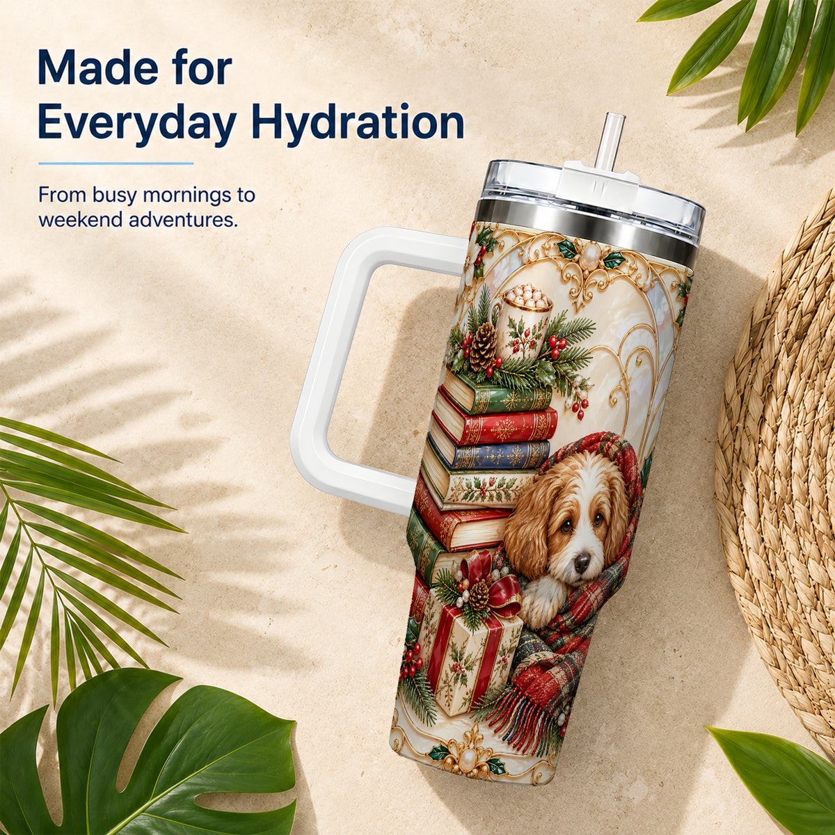 Christmas Dog Books 40oz Tumbler, Cozy Tumbler, Stainless Steel Travel Cup