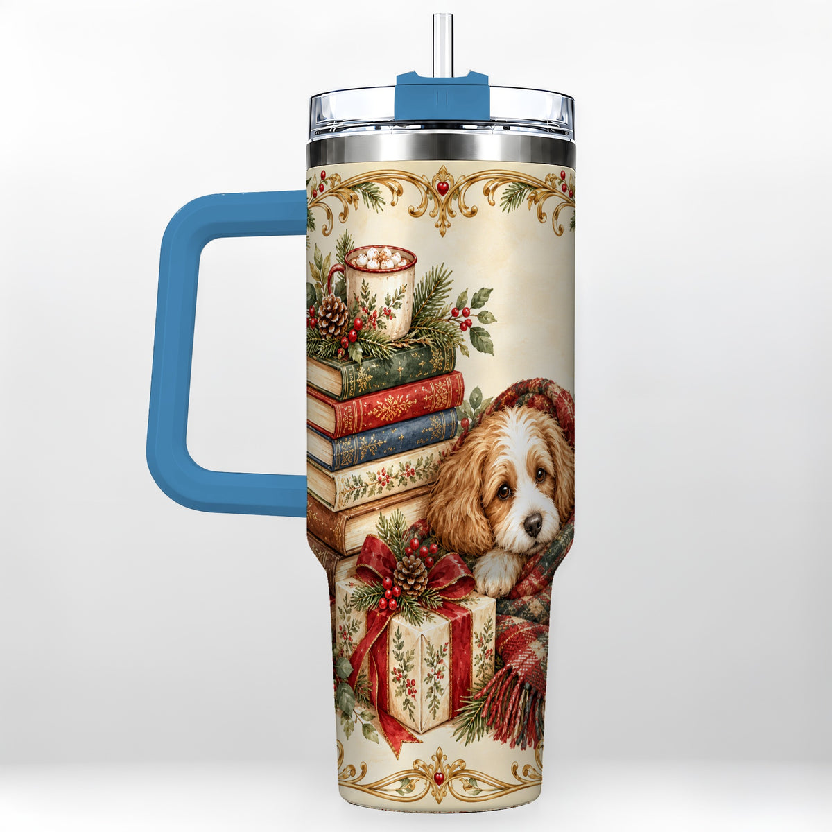 #pl[40oz|Blue] Christmas Dog Books 40oz Tumbler, Puppy Theme Steel Travel Cup