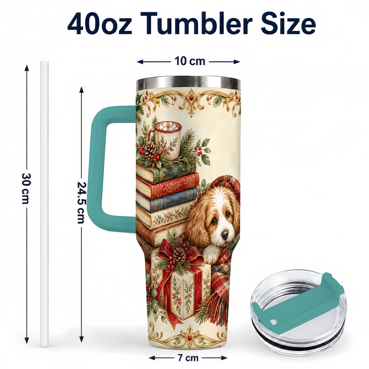 #pl[40oz|Green] Christmas Dog Books 40oz Tumbler, Puppy Theme Steel Travel Cup