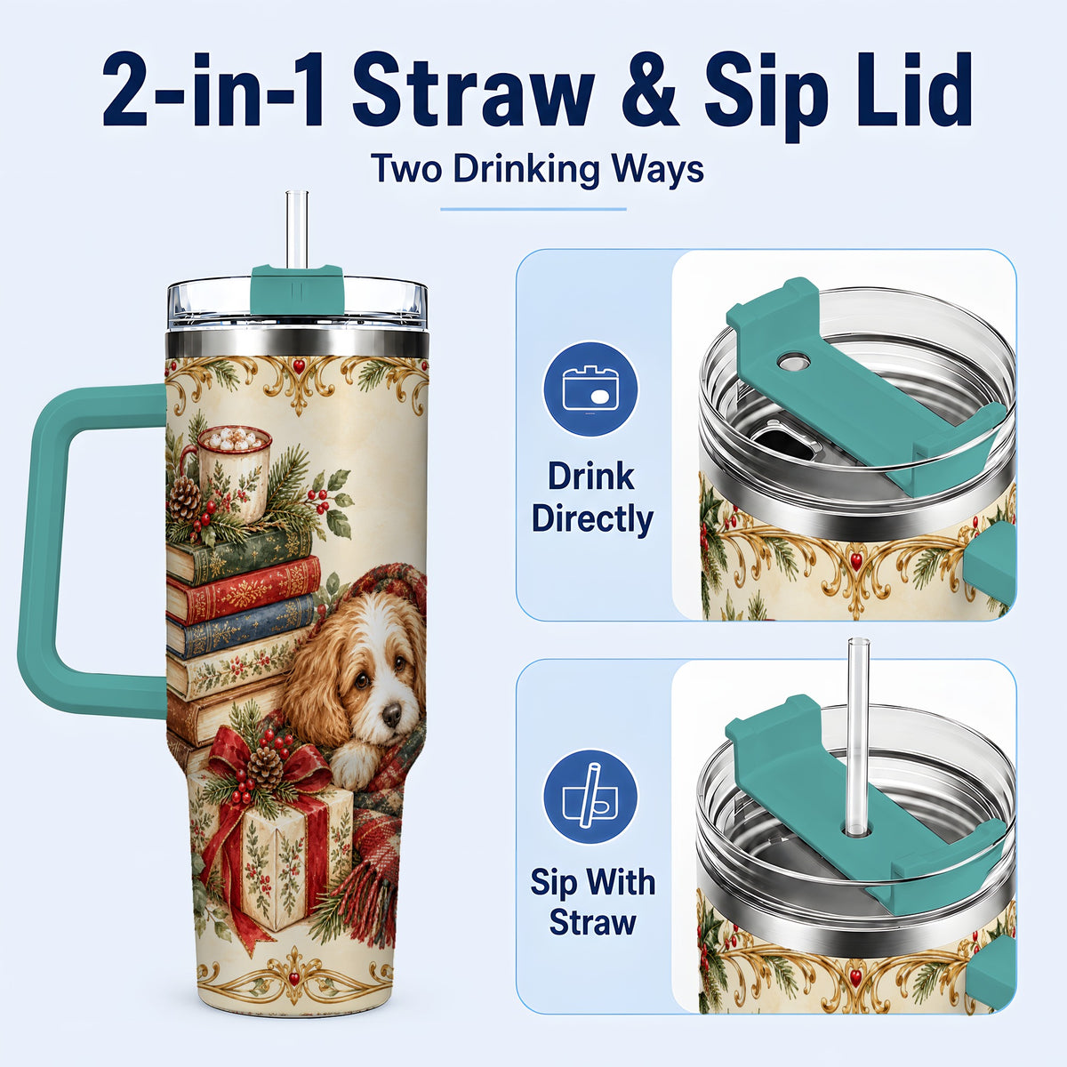 #pl[40oz|Green] Christmas Dog Books 40oz Tumbler, Puppy Theme Steel Travel Cup