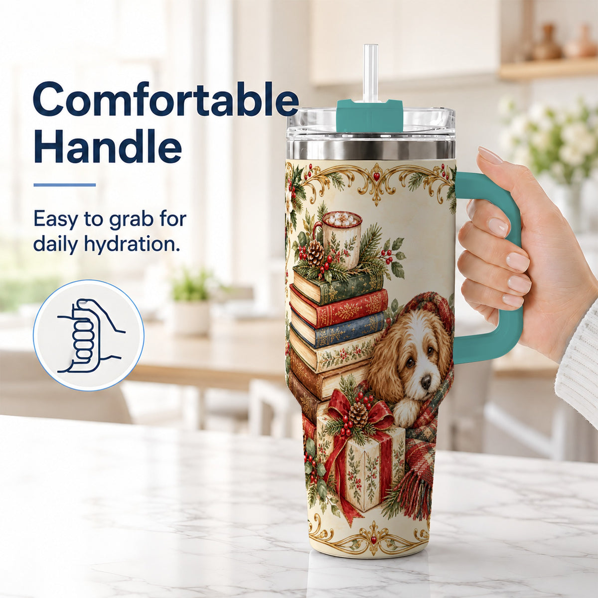 #pl[40oz|Green] Christmas Dog Books 40oz Tumbler, Puppy Theme Steel Travel Cup