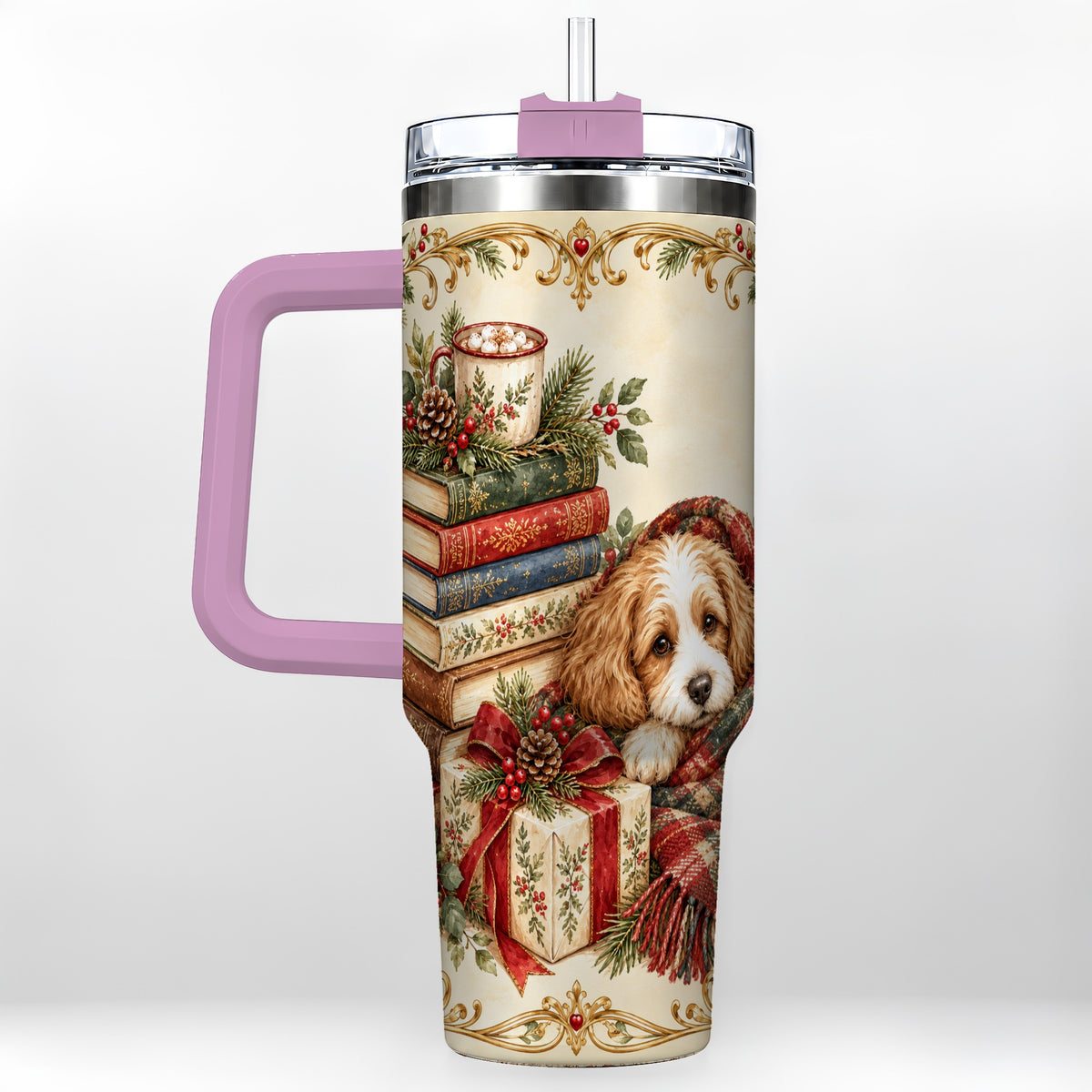 #pl[40oz|Pink] Christmas Dog Books 40oz Tumbler, Puppy Theme Steel Travel Cup