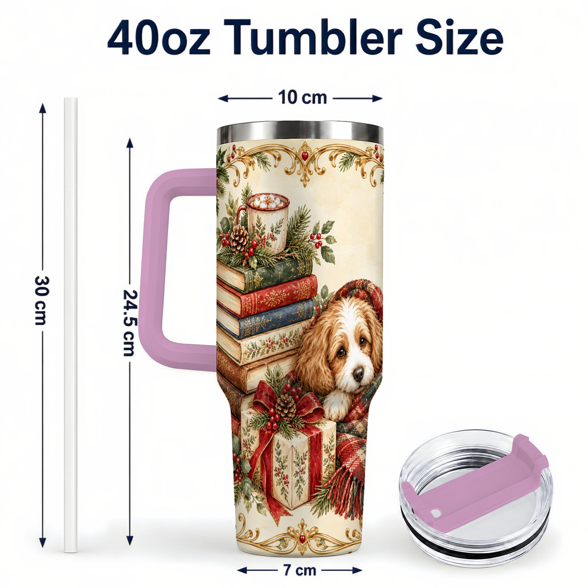 #pl[40oz|Pink] Christmas Dog Books 40oz Tumbler, Puppy Theme Steel Travel Cup