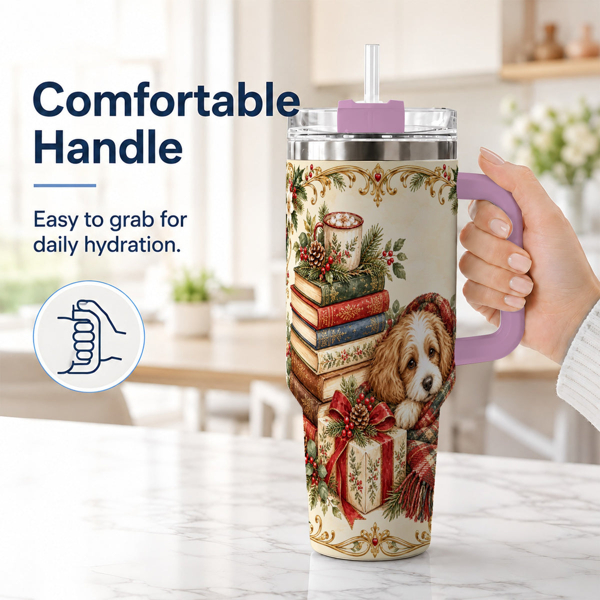 #pl[40oz|Pink] Christmas Dog Books 40oz Tumbler, Puppy Theme Steel Travel Cup