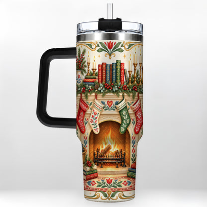 #pl[40oz|Black] Christmas Fireplace 40oz Tumbler, Reading Theme Steel Travel Cup