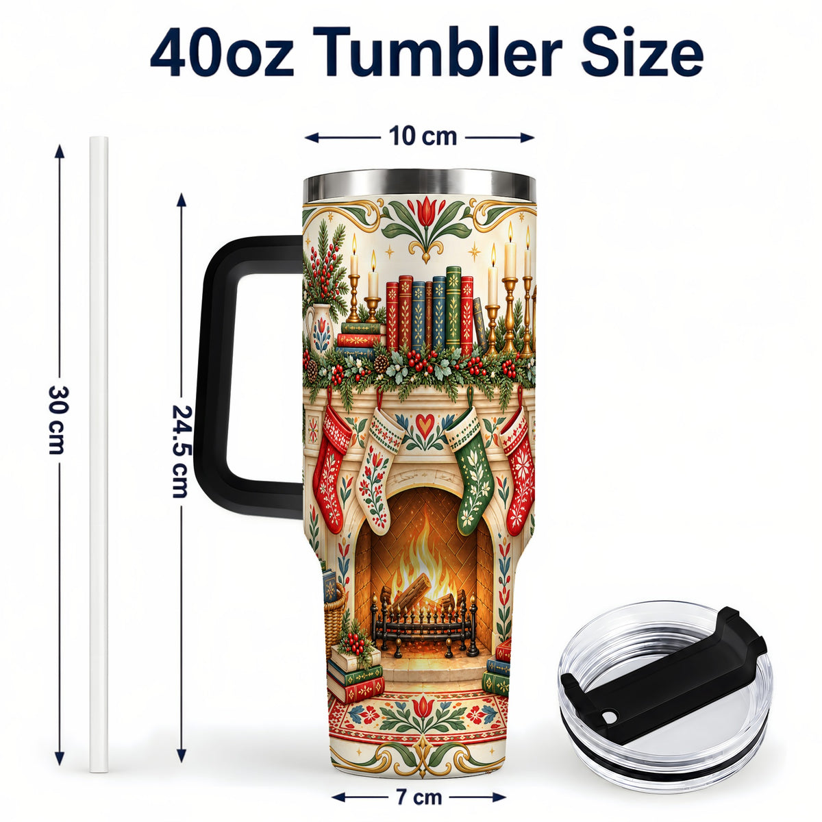 #pl[40oz|Black] Christmas Fireplace 40oz Tumbler, Reading Theme Steel Travel Cup
